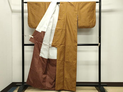 平和屋着物●本場黄八丈　綾織　紬　格子柄　正絹　逸品　CABK2685gh