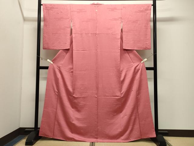 平和屋着物●上質な色無地　エ霞地紋　甚三紅色　正絹　逸品　CABK2697gh