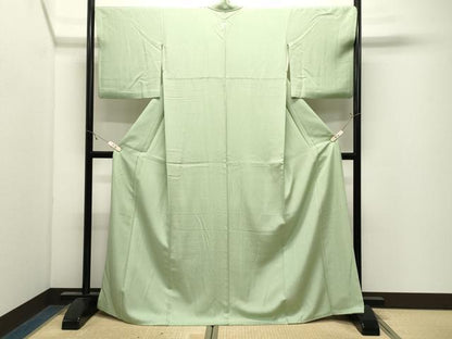 平和屋着物●上質な色無地　霞地紋　若菜色　ロング丈　正絹　逸品　CABK2711gh