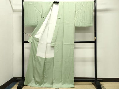 平和屋着物●上質な色無地　霞地紋　若菜色　ロング丈　正絹　逸品　CABK2711gh