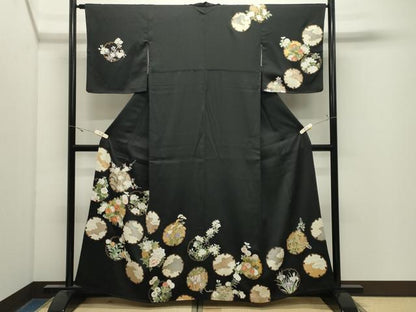 平和屋着物●訪問着　駒刺繍　雪輪花文　黒地　金彩　正絹　逸品　CABK2719gh