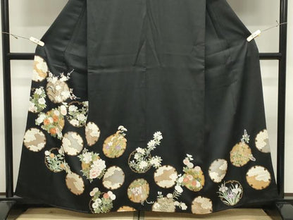 平和屋着物●訪問着　駒刺繍　雪輪花文　黒地　金彩　正絹　逸品　CABK2719gh