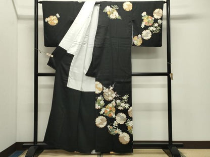平和屋着物●訪問着　駒刺繍　雪輪花文　黒地　金彩　正絹　逸品　CABK2719gh