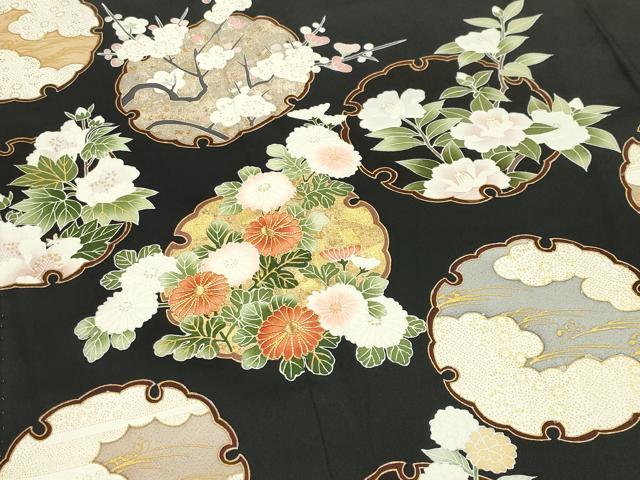 平和屋着物●訪問着　駒刺繍　雪輪花文　黒地　金彩　正絹　逸品　CABK2719gh