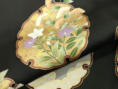 平和屋着物●訪問着　駒刺繍　雪輪花文　黒地　金彩　正絹　逸品　CABK2719gh