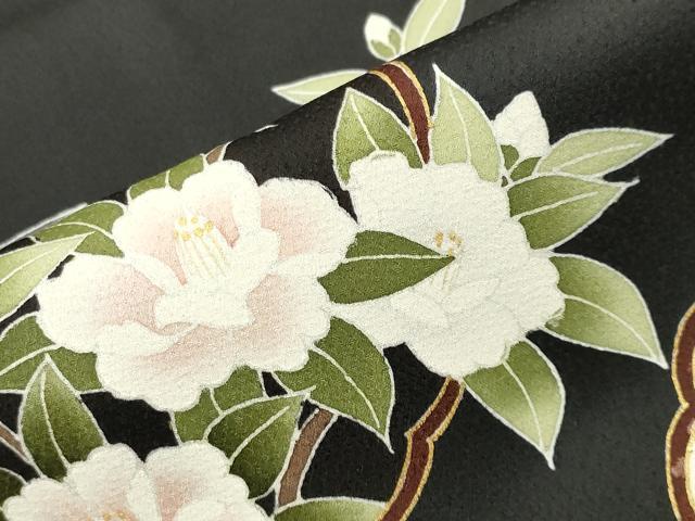平和屋着物●訪問着　駒刺繍　雪輪花文　黒地　金彩　正絹　逸品　CABK2719gh