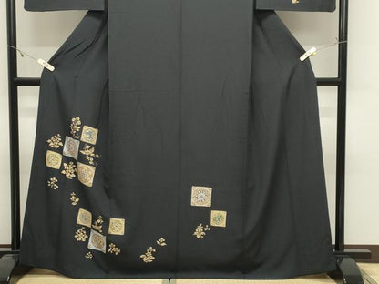 平和屋着物●訪問着　鳳凰花文　黒地　金銀彩　正絹　逸品　CABK2732gh