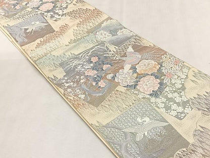 平和屋着物◎西陣　六通柄袋帯　色紙重ね花鳥文　プラチナ箔　九百錦　正絹　逸品　CABK2810yk