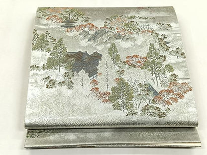 平和屋着物◎六通柄袋帯　石山秋月　近江八景　銀糸　正絹　逸品　CABK2811yk