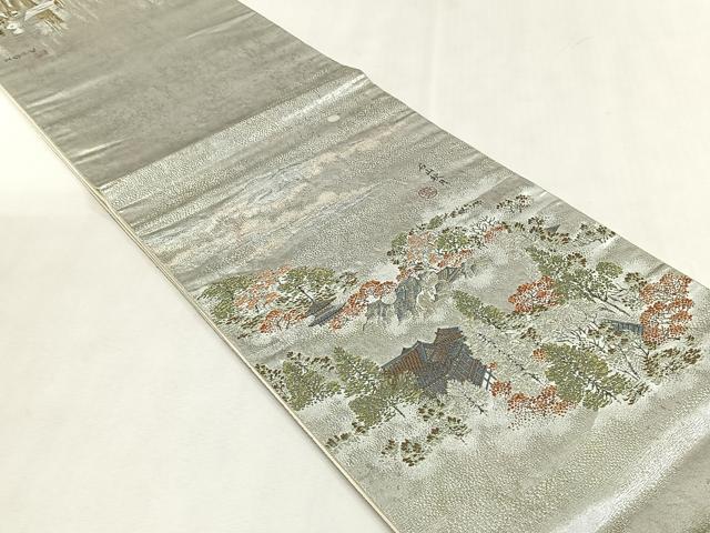 平和屋着物◎六通柄袋帯　石山秋月　近江八景　銀糸　正絹　逸品　CABK2811yk