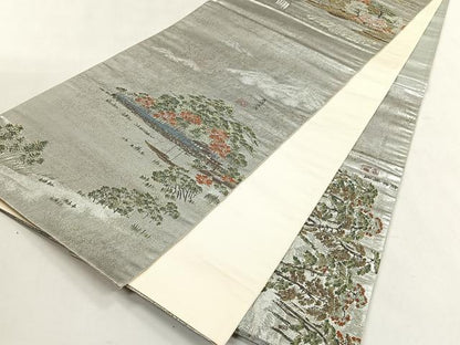 平和屋着物◎六通柄袋帯　石山秋月　近江八景　銀糸　正絹　逸品　CABK2811yk
