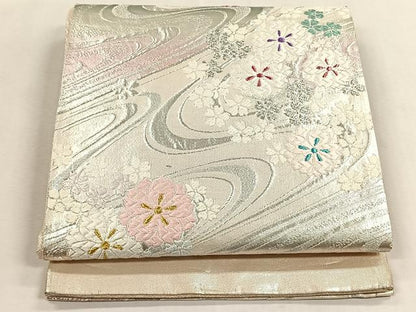 平和屋着物◎西陣　六通柄袋帯　唐織　流水舞桜文　証紙付き　正絹　逸品　未使用　CABK2818yk