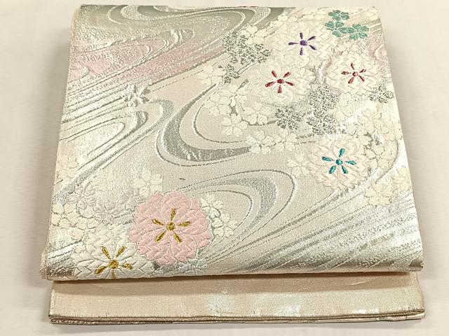 平和屋着物◎西陣　六通柄袋帯　唐織　流水舞桜文　証紙付き　正絹　逸品　未使用　CABK2818yk