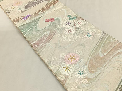 平和屋着物◎西陣　六通柄袋帯　唐織　流水舞桜文　証紙付き　正絹　逸品　未使用　CABK2818yk