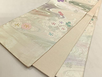 平和屋着物◎西陣　六通柄袋帯　唐織　流水舞桜文　証紙付き　正絹　逸品　未使用　CABK2818yk