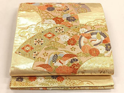 平和屋着物◎西陣　六通柄袋帯　地紙重ね花鳥文　金糸　証紙付き　正絹　逸品　CABK2820yk