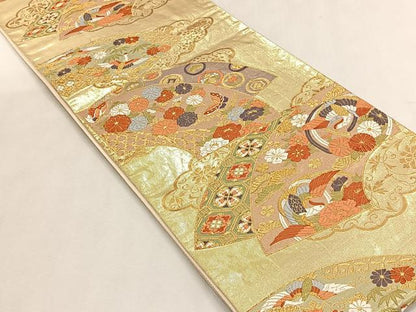 平和屋着物◎西陣　六通柄袋帯　地紙重ね花鳥文　金糸　証紙付き　正絹　逸品　CABK2820yk