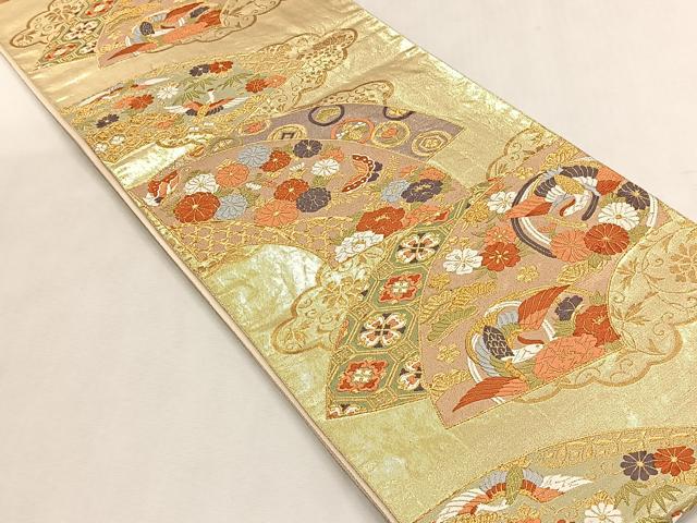 平和屋着物◎西陣　六通柄袋帯　地紙重ね花鳥文　金糸　証紙付き　正絹　逸品　CABK2820yk