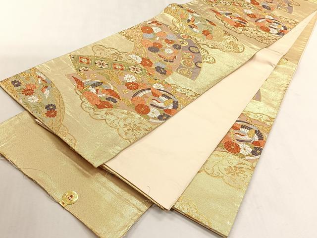 平和屋着物◎西陣　六通柄袋帯　地紙重ね花鳥文　金糸　証紙付き　正絹　逸品　CABK2820yk