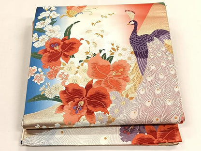 平和屋着物◎六通柄袋帯　孔雀花文　金糸　正絹　逸品　未使用　CABK2821yk