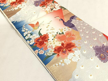 平和屋着物◎六通柄袋帯　孔雀花文　金糸　正絹　逸品　未使用　CABK2821yk