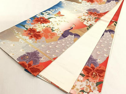 平和屋着物◎六通柄袋帯　孔雀花文　金糸　正絹　逸品　未使用　CABK2821yk