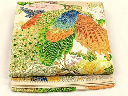 平和屋着物◎六通柄袋帯　孔雀花文　金糸　正絹　逸品　CABK2832yk