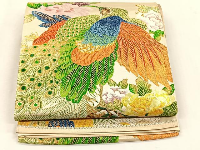 平和屋着物◎六通柄袋帯　孔雀花文　金糸　正絹　逸品　CABK2832yk