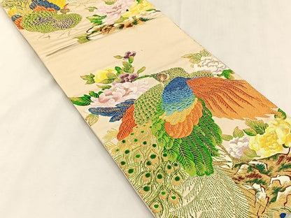 平和屋着物◎六通柄袋帯　孔雀花文　金糸　正絹　逸品　CABK2832yk