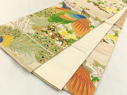 平和屋着物◎六通柄袋帯　孔雀花文　金糸　正絹　逸品　CABK2832yk