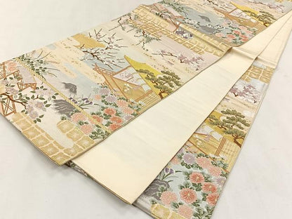 平和屋着物◎六通柄袋帯　唐織　風景文　金糸　正絹　逸品　CABK2837yk