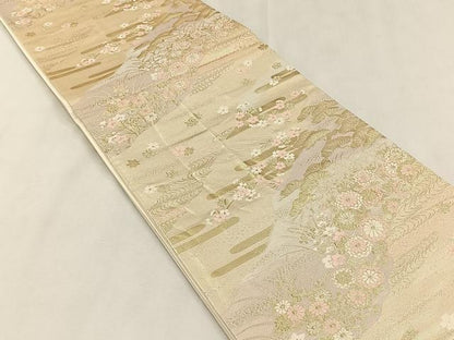 平和屋着物◎六通柄袋帯　流水草花文　金糸　正絹　逸品　CABK2841yk
