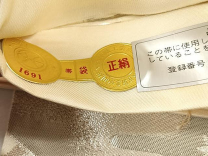 平和屋着物◎西陣　六通柄袋帯　扇面更紗花唐草文　プラチナ箔　二重箔　証紙付き　正絹　逸品　未使用　CABK2843yk