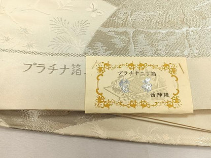 平和屋着物◎西陣　六通柄袋帯　扇面更紗花唐草文　プラチナ箔　二重箔　証紙付き　正絹　逸品　未使用　CABK2843yk
