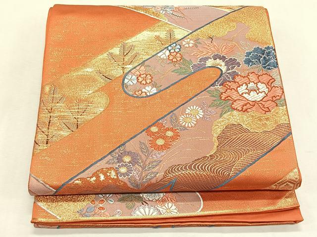 平和屋着物◎六通柄袋帯　唐織　雲取り霞草花文　金糸　正絹　逸品　CABK2856yk