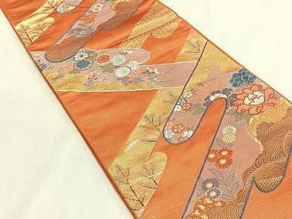 平和屋着物◎六通柄袋帯　唐織　雲取り霞草花文　金糸　正絹　逸品　CABK2856yk