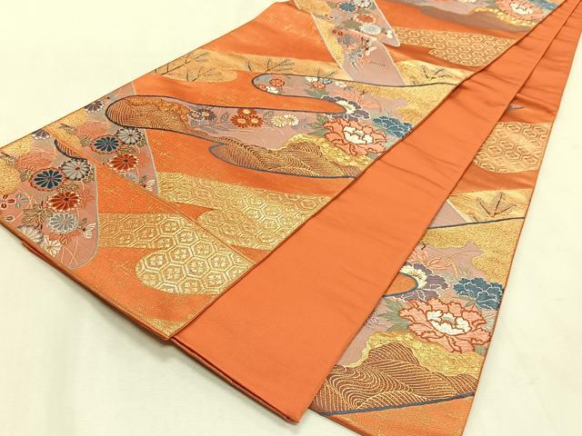 平和屋着物◎六通柄袋帯　唐織　雲取り霞草花文　金糸　正絹　逸品　CABK2856yk