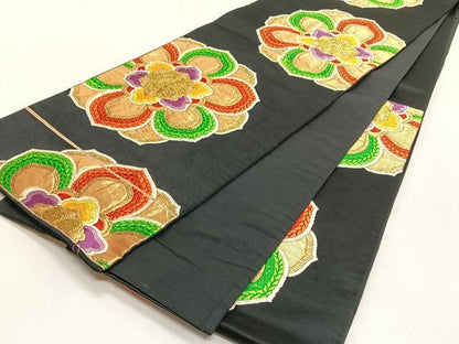 平和屋着物◎六通柄袋帯　正倉院花文　黒地　金糸　正絹　逸品　CABK2861yk