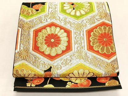 平和屋着物◎六通柄袋帯　亀甲花唐草文　黒地　金銀糸　正絹　逸品　CABK2864yk