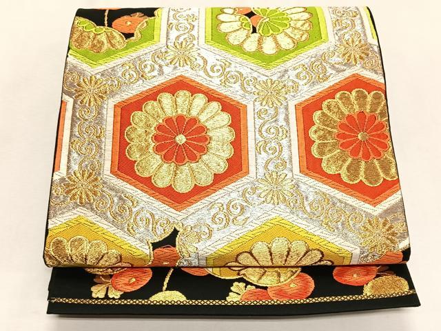 平和屋着物◎六通柄袋帯　亀甲花唐草文　黒地　金銀糸　正絹　逸品　CABK2864yk