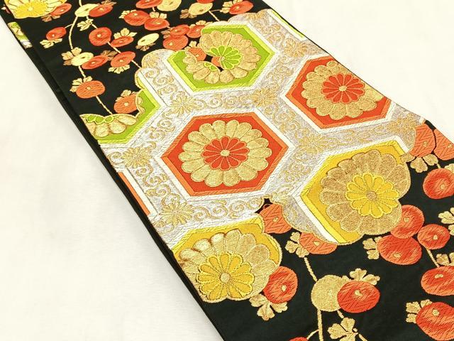 平和屋着物◎六通柄袋帯　亀甲花唐草文　黒地　金銀糸　正絹　逸品　CABK2864yk