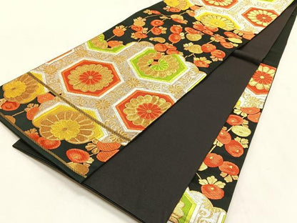 平和屋着物◎六通柄袋帯　亀甲花唐草文　黒地　金銀糸　正絹　逸品　CABK2864yk