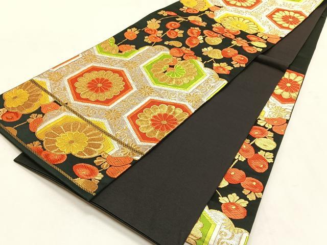 平和屋着物◎六通柄袋帯　亀甲花唐草文　黒地　金銀糸　正絹　逸品　CABK2864yk