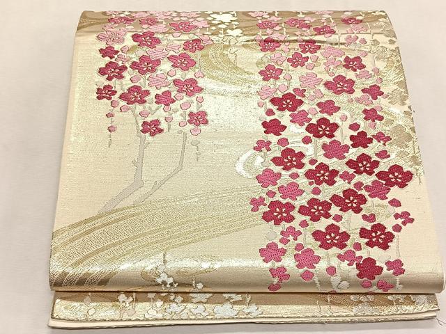 平和屋着物◎六通柄袋帯　流水舞梅文　金糸　正絹　逸品　CABK2866yk