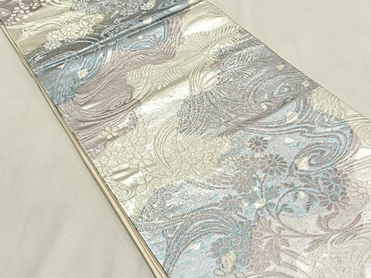 平和屋着物◎六通柄袋帯　流水舞花文　銀糸　正絹　逸品　CABK2873yk