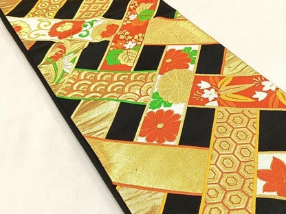 平和屋着物◎六通柄袋帯　草花文　黒地　金糸　正絹　逸品　CABK2875yk