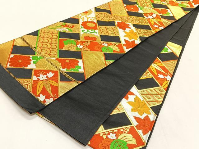 平和屋着物◎六通柄袋帯　草花文　黒地　金糸　正絹　逸品　CABK2875yk