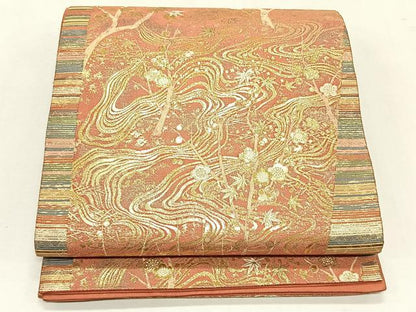 平和屋着物◎六通柄袋帯　流水枝梅文　金糸　正絹　逸品　CABK2880yk