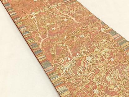 平和屋着物◎六通柄袋帯　流水枝梅文　金糸　正絹　逸品　CABK2880yk