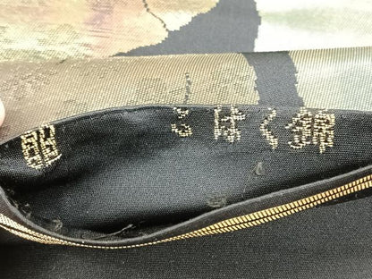 平和屋着物◎西陣　服部織物謹製　六通柄袋帯　こはく錦　孔雀　黒地　金糸　正絹　逸品　CABK2893yk